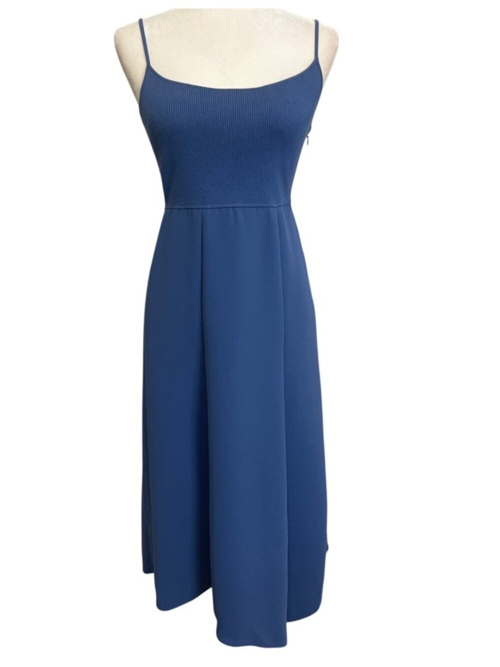 Theory Womens Size S Flared Slip Dress Crepe Blue Spaghetti Straps Ribbed-Top